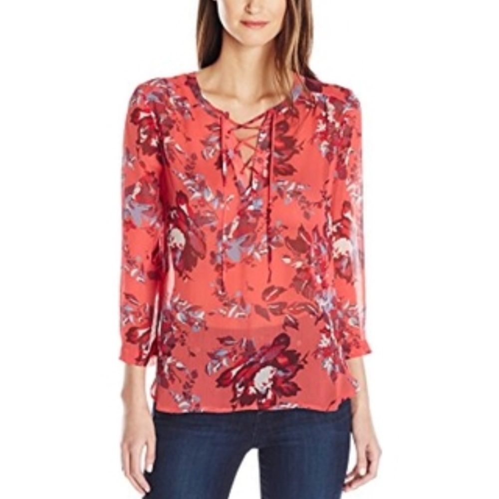 Lucky Brand Floral Lace-Up Peasant Blouse-NWOT